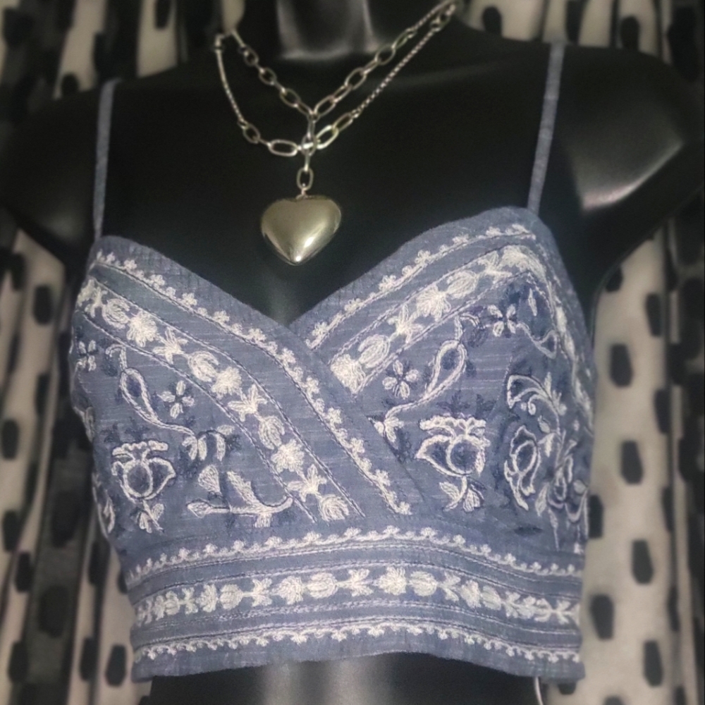 American Eagle Outfitters denim blue crop top with white embroidery, size M